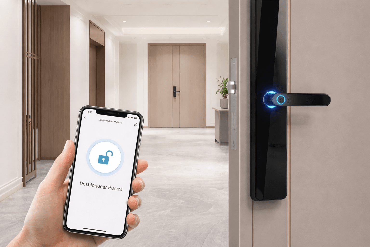 Cerradura inteligente IBINTEL abierta desde la app del móvil
